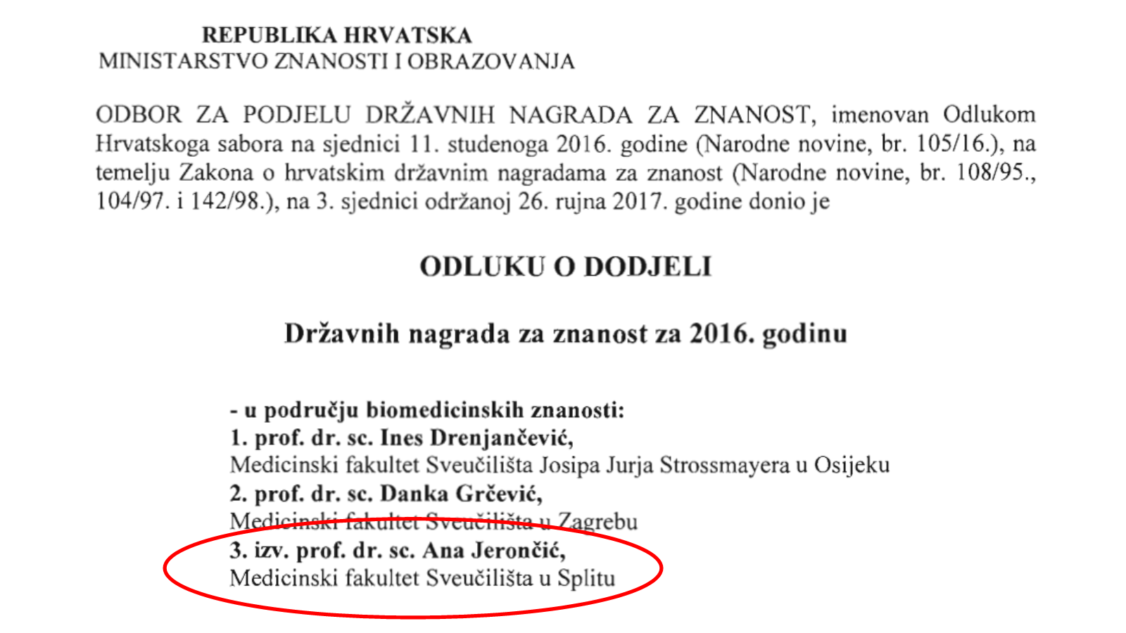 Državna nagrada za znanost za 2016. za izv. prof. dr. sc. Anu Jerončić